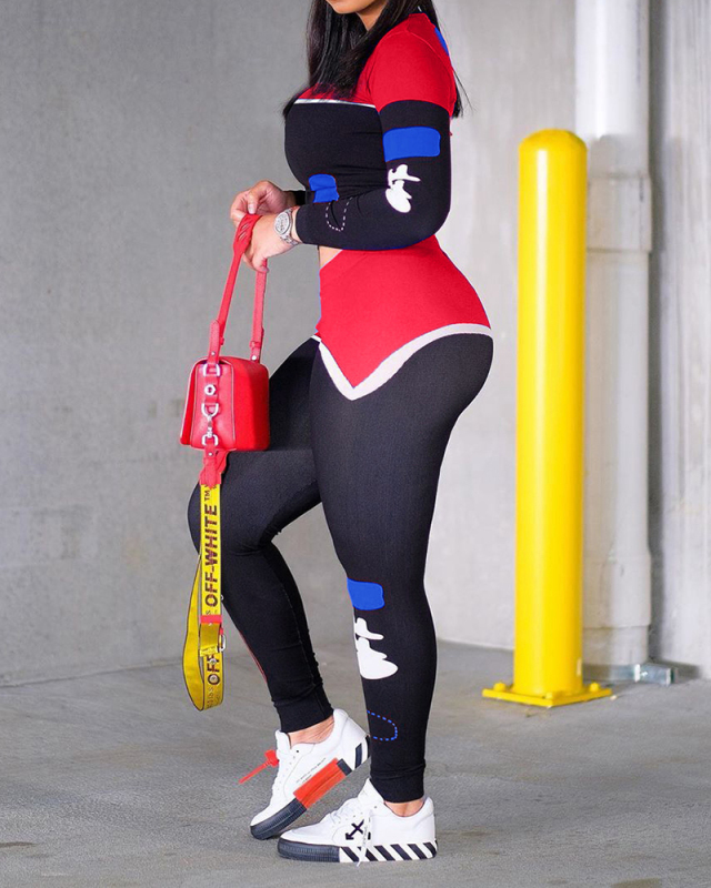 Women Colorblock Long Sleeve Two Piece Set Red Blue S-2XL 