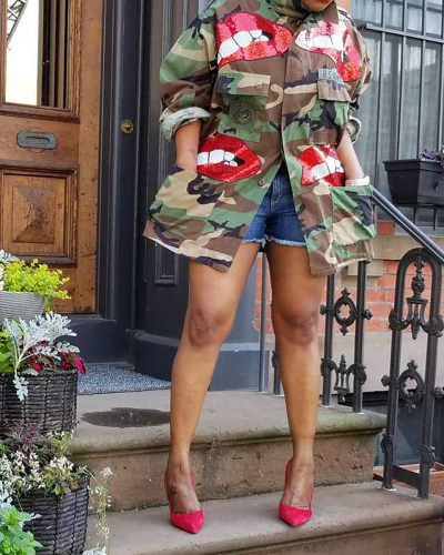 Camo Stylish Women Lips Sequin Pockets Turtleneck Plus Size Coats S-6XL