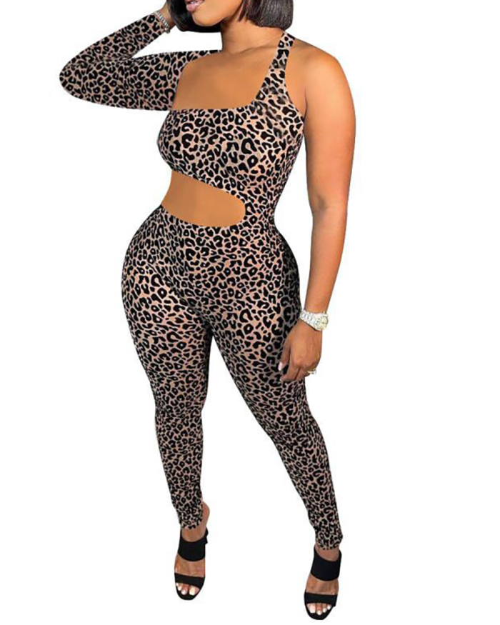 Fashion Lady Hollow Out Irregular Solid Color Leopard One Sleeve Jumpsuits Black Blue Leopard Orange S-XL