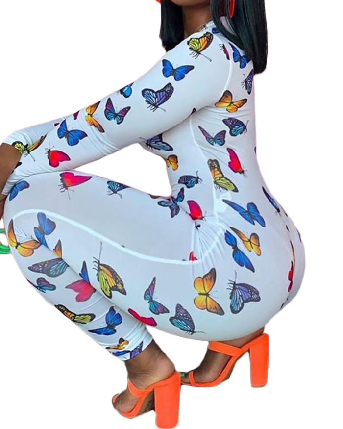 Women Butterfly Print V-Neck Long Sleeve Jumpsuit (No Including the Bra )S-2XL