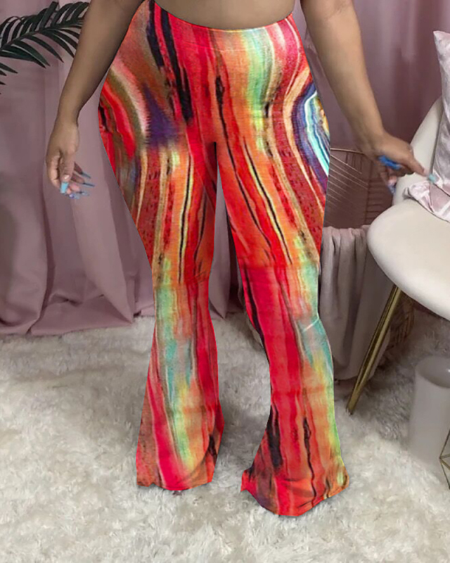 Women Tie Dye Printing Flared Trousers Pants Red Colorful S-4XL 