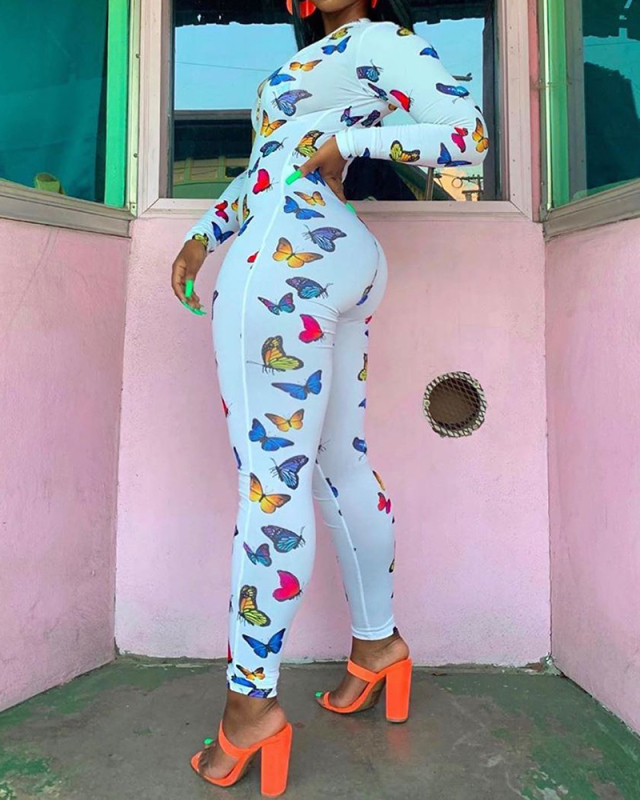 Women Butterfly Print V-Neck Long Sleeve Jumpsuit (No Including the Bra )S-2XL