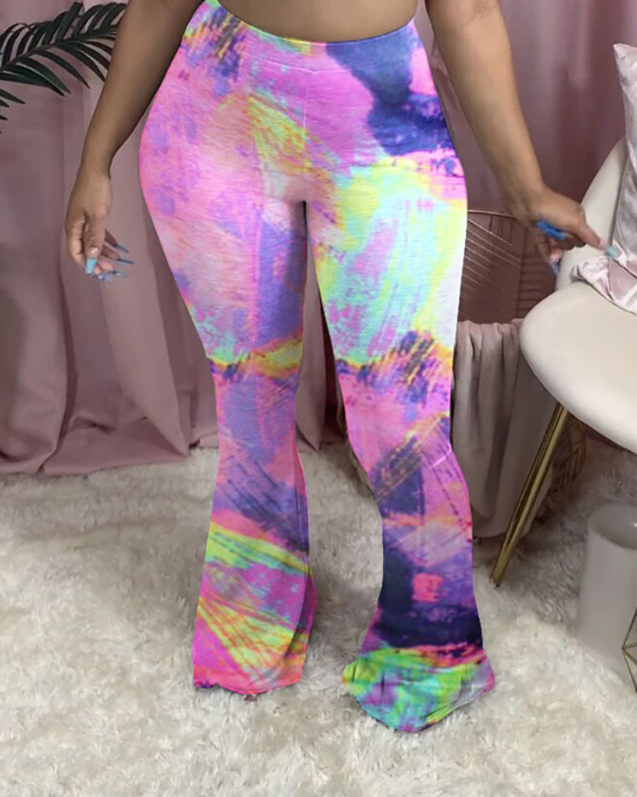 Women Tie Dye Printing Flared Trousers Pants Red Colorful S-4XL 