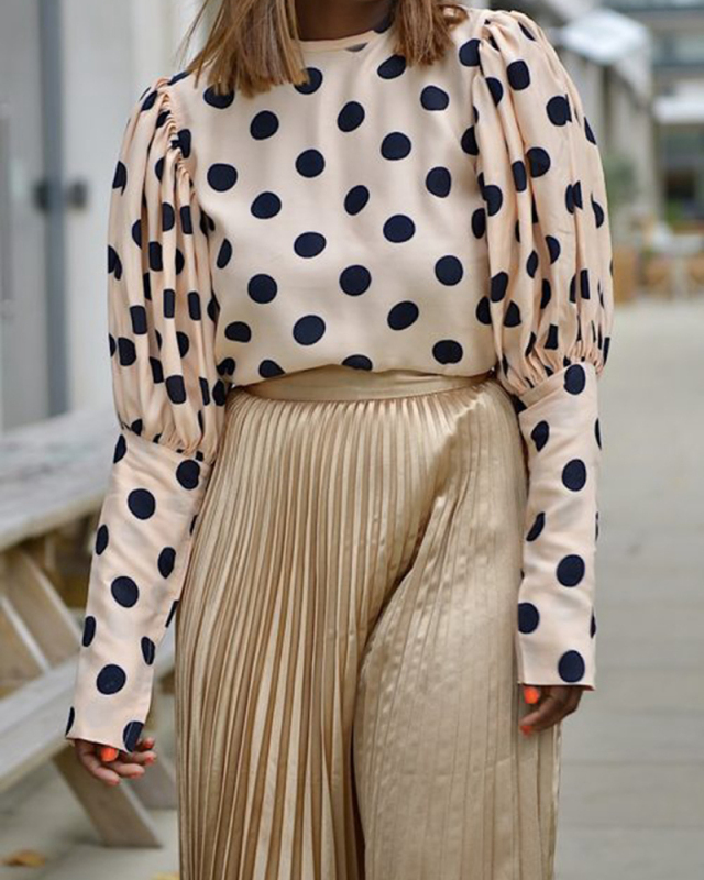 Women Puff Sleeve Printing Long Sleeve Tops Apricot S-XL 