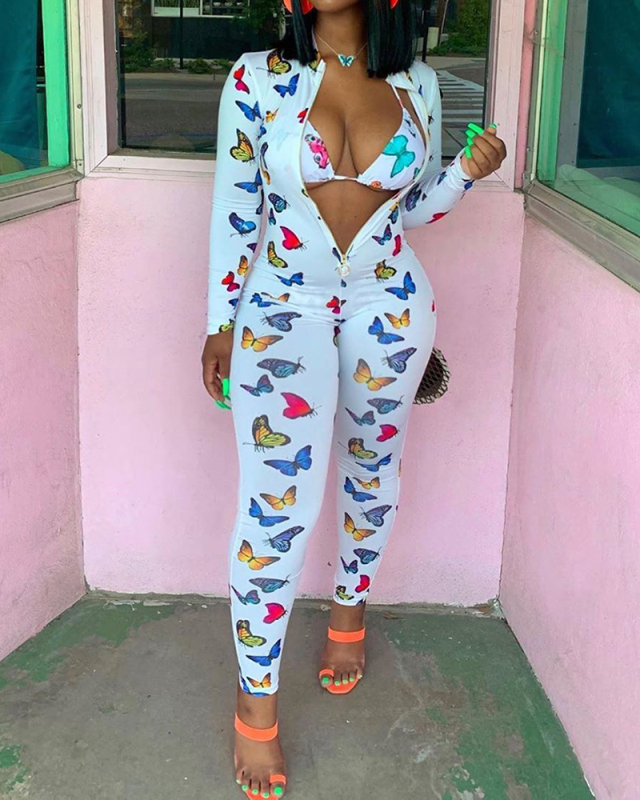 Women Butterfly Print V-Neck Long Sleeve Jumpsuit (No Including the Bra )S-2XL