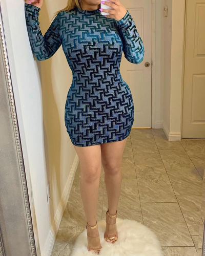 Sexy Womens Long Sleeve Plaid Printing Bodycon Dresses Navy Blue S-XL