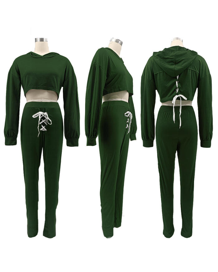 Women Hoodies Long Sleeve Solid Color Two Pieces Outfit Khaki Deep Green Black S-2XL