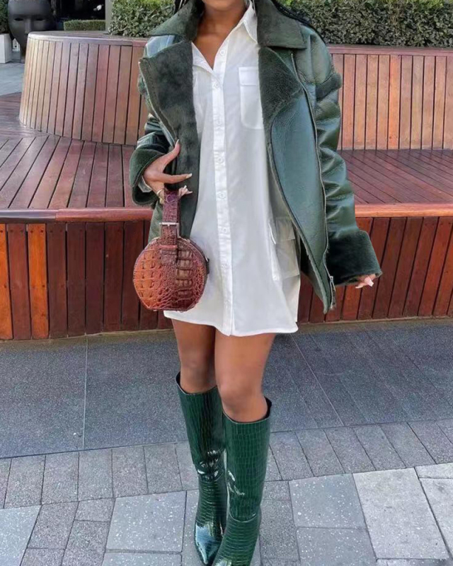 Lady Causal Solid Color Coat Black Brown Red Green S-2XL 
