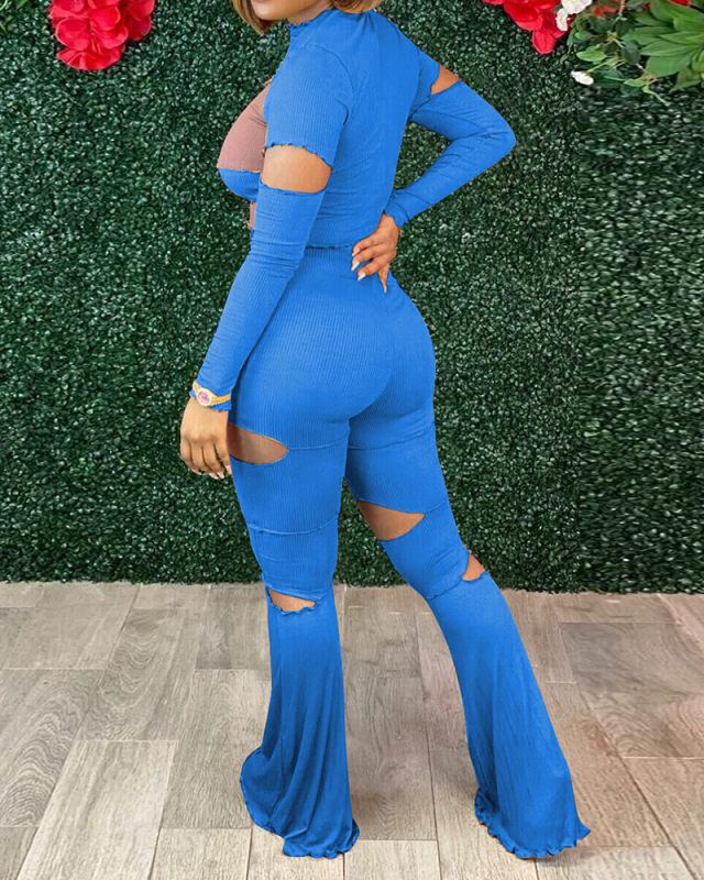 Beautiful Women's Clothing Two-Piece Trousers with Thread-Knit Tight-Fitting Holes Stitching S-XXL