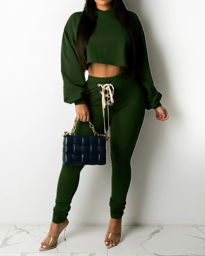 Women Hoodies Long Sleeve Solid Color Two Pieces Outfit Khaki Deep Green Black S-2XL
