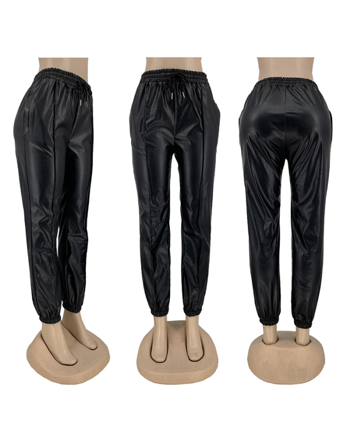 Solid Color Sexy PU Leather Casual Pants Foot Pants Women's Leather Pants S-2XL