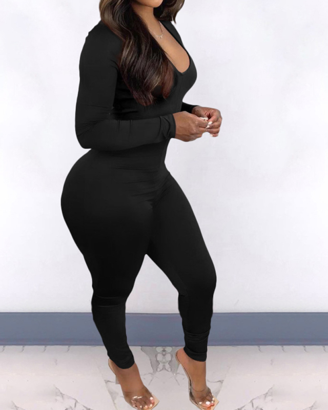 Women Long Sleeve V-neck Hollow Out Back Solid Color Jumpsuits White Red Black Orange Brown S-2XL