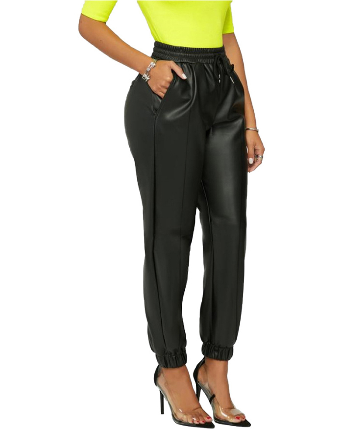 Solid Color Sexy PU Leather Casual Pants Foot Pants Women's Leather Pants S-2XL