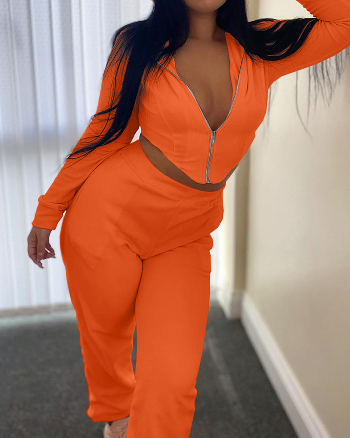 Women Solid Color Long Sleeve Pocket Hoodies Pants Sets Two Pieces Outfit Pink Orange Black S-2XL