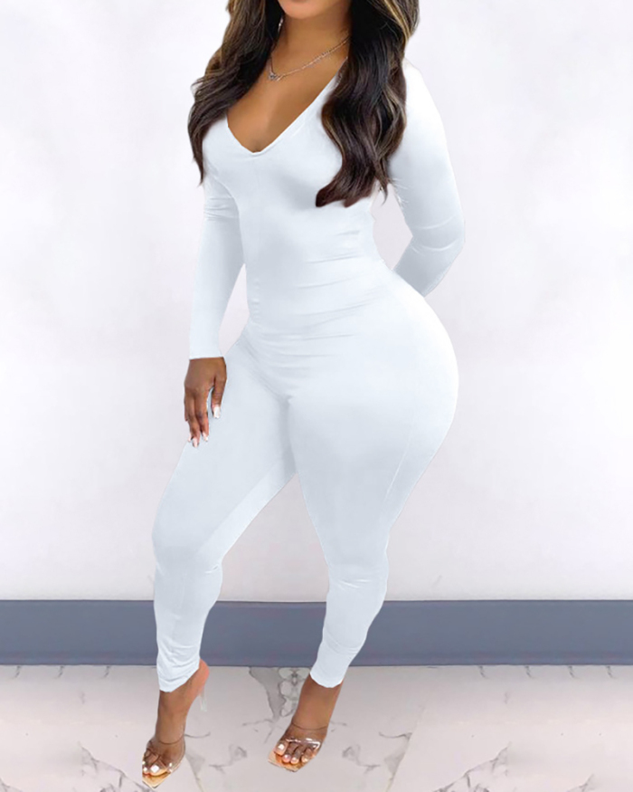 Women Long Sleeve V-neck Hollow Out Back Solid Color Jumpsuits White Red Black Orange Brown S-2XL