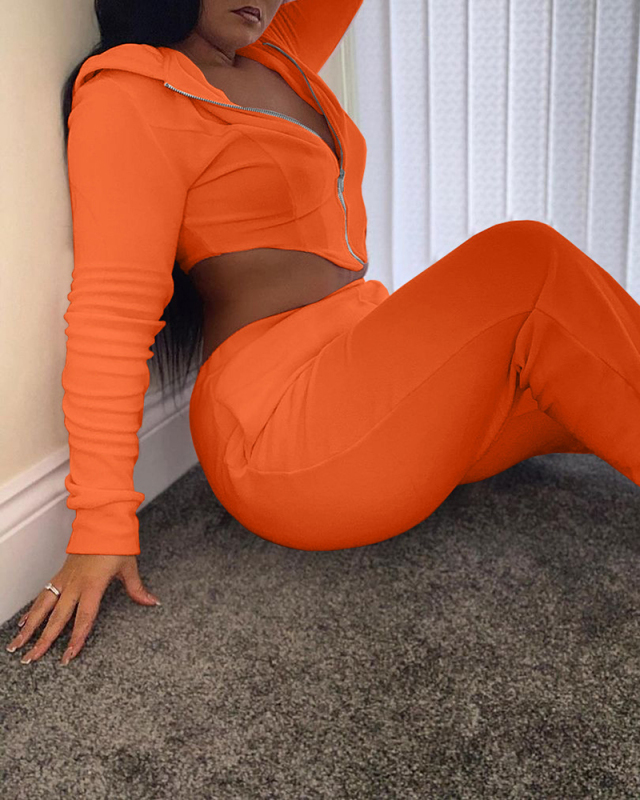 Women Solid Color Long Sleeve Pocket Hoodies Pants Sets Two Pieces Outfit Pink Orange Black S-2XL
