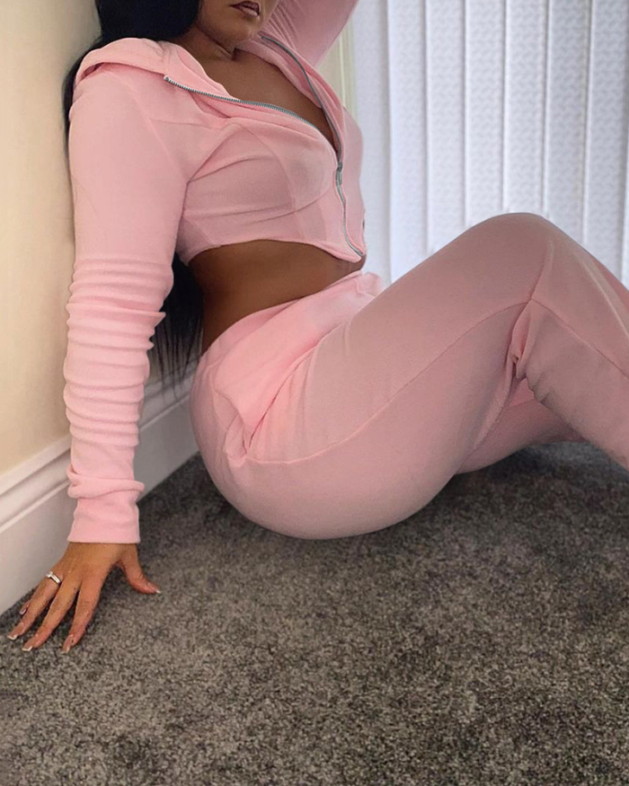 Women Solid Color Long Sleeve Pocket Hoodies Pants Sets Two Pieces Outfit Pink Orange Black S-2XL