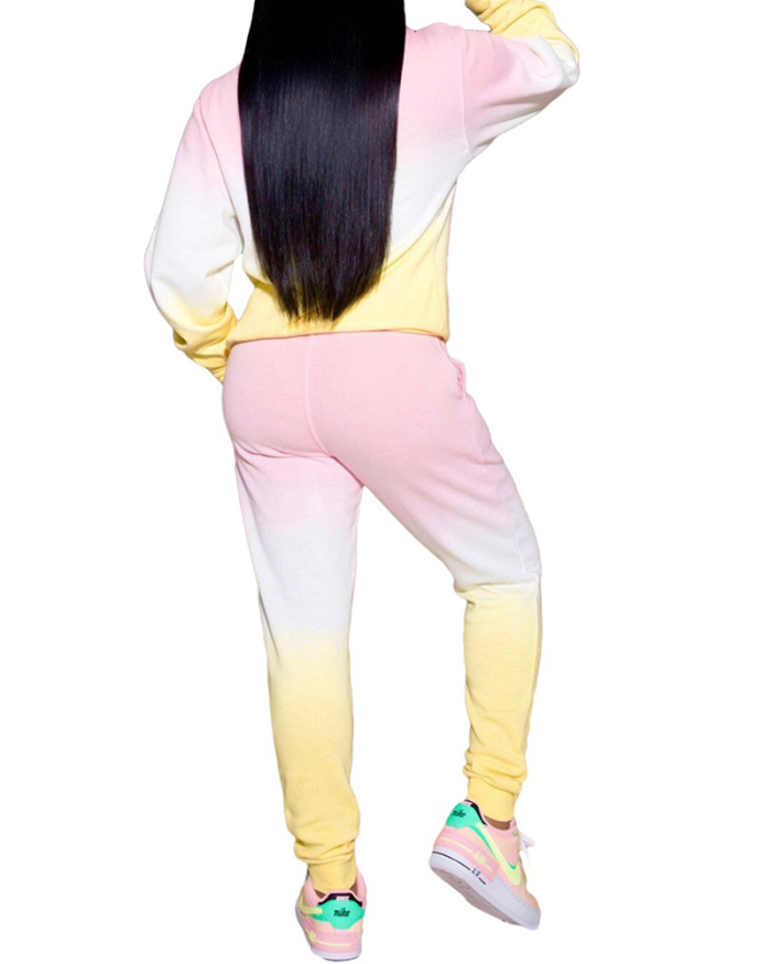 Women Long Sleeve Tie Dye Casual Pants Sets Two Pieces Outfit Pink Yellow Purple Light Blue S-2XL