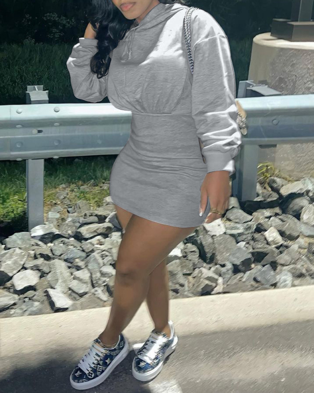 Women Long Sleeve Hoodies Mini Casual Dresses Pink Gray Black S-XL