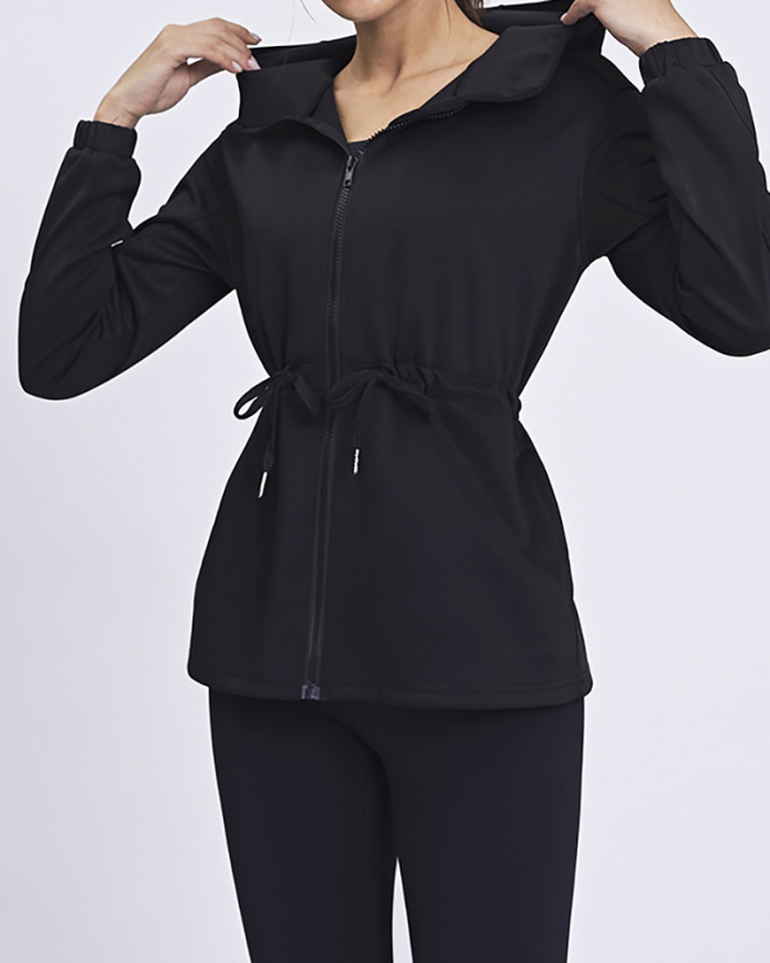 New Sports Fitness Hooded Sports Jacket Women Slim Waist Coat Solid Color S-XL