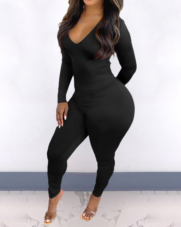 Women Long Sleeve V-neck Hollow Out Back Solid Color Jumpsuits White Red Black Orange Brown S-2XL