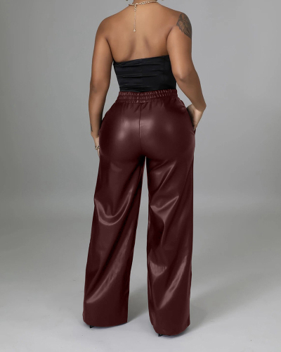 Women's New Style Solid Color Loose Wide Leg Pocket PU Leather Pants S-XXL