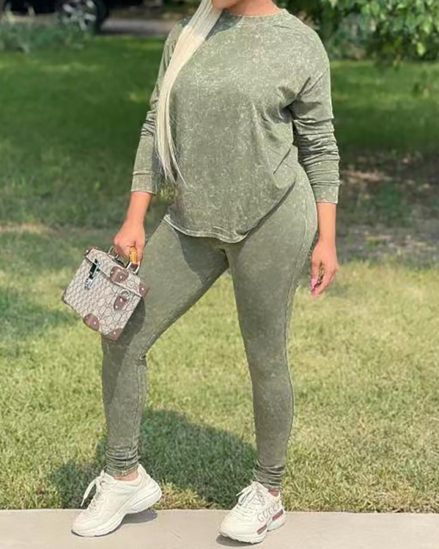 Round Neck Plush Print Ladies Slim High Stretch Lleisure Sports Two-Piece Suit S-XXL