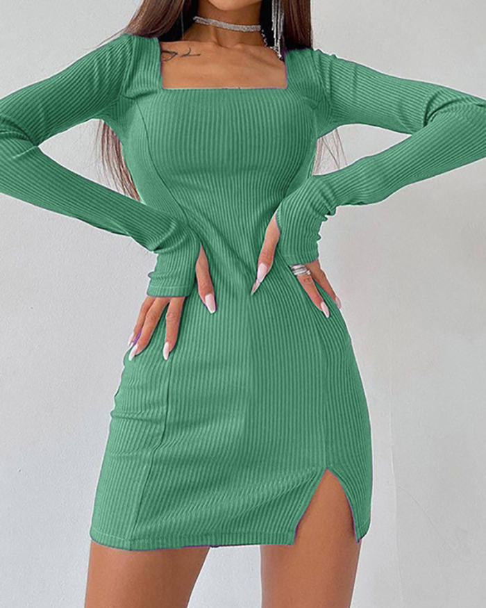 Square Neck Long Sleeve Slit Solid Color Elegant Women One-piece Dress Black Green Camel S-L