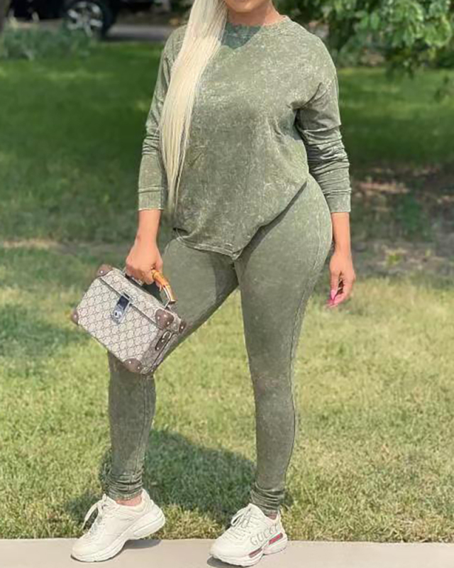 Round Neck Plush Print Ladies Slim High Stretch Lleisure Sports Two-Piece Suit S-XXL
