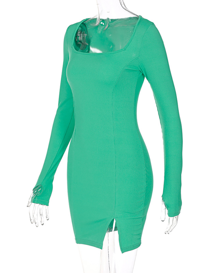Square Neck Long Sleeve Slit Solid Color Elegant Women One-piece Dress Black Green Camel S-L