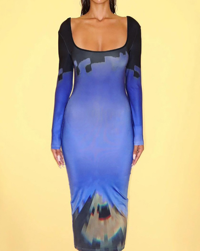 Lady Backless Sexy Long Sleeve One Piece Dress Blue S-L 
