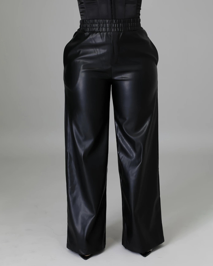 Women's New Style Solid Color Loose Wide Leg Pocket PU Leather Pants S-XXL