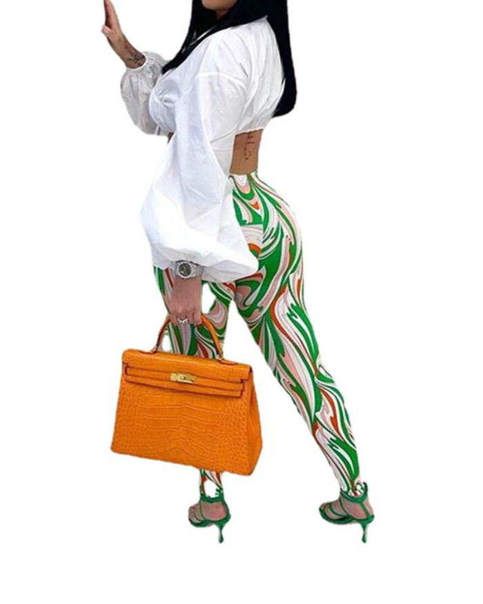 In Stock Puff Sleeve Strappy Crop Tops Slim High Waist Printed Legging Two Piece Sets White Orange Green S-2XL