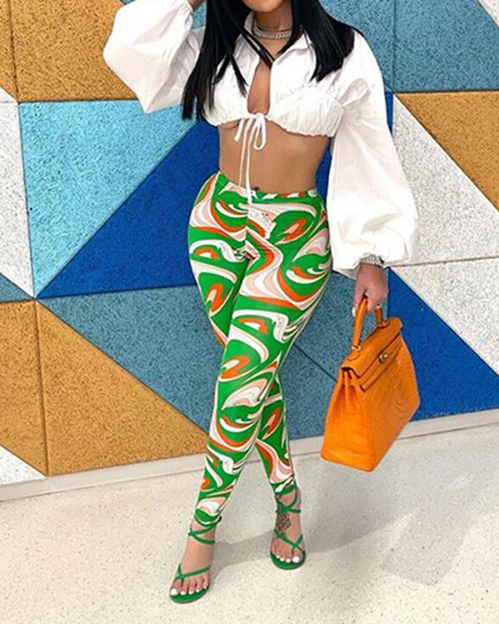 In Stock Puff Sleeve Strappy Crop Tops Slim High Waist Printed Legging Two Piece Sets White Orange Green S-2XL
