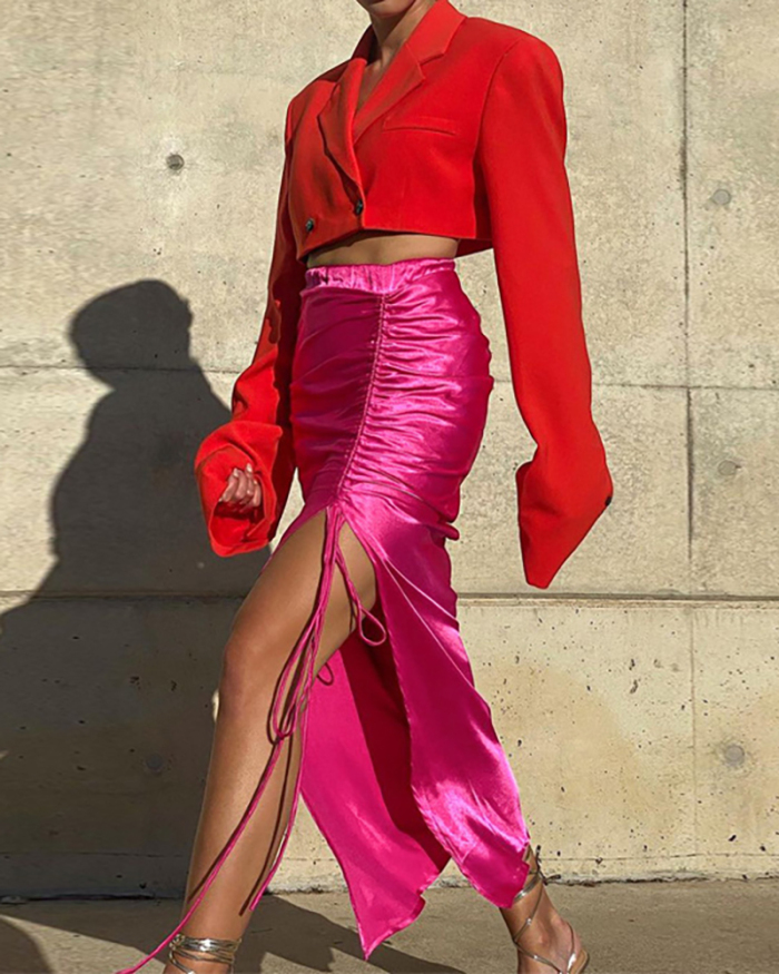 New Fashion Drawstring Pleated Slit Zipper Slim Skirt S-L