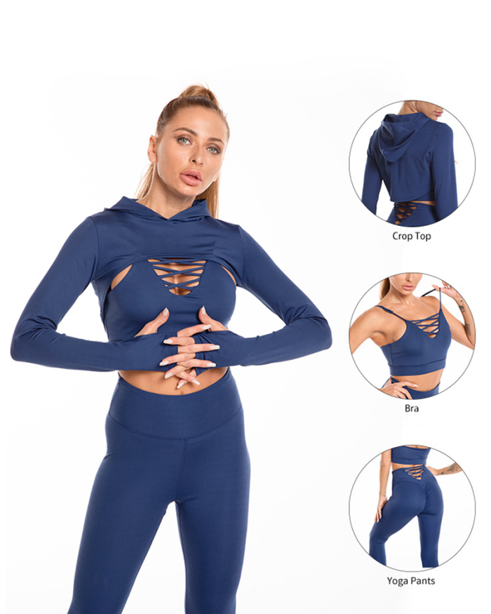 Women Solid Color Long Sleeve Strappy Yoga Three Piece Set Black Blue Grey S-XL