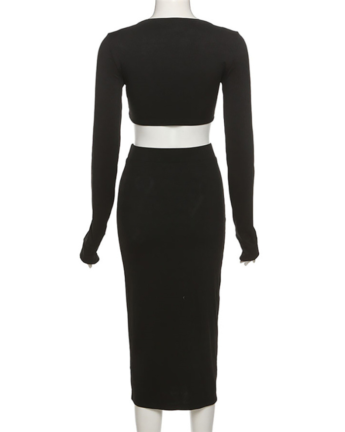 Women's Fashion Long Sleeve V-neck Crop T-shirt Slim Fit Split Skirt Set Black S-L