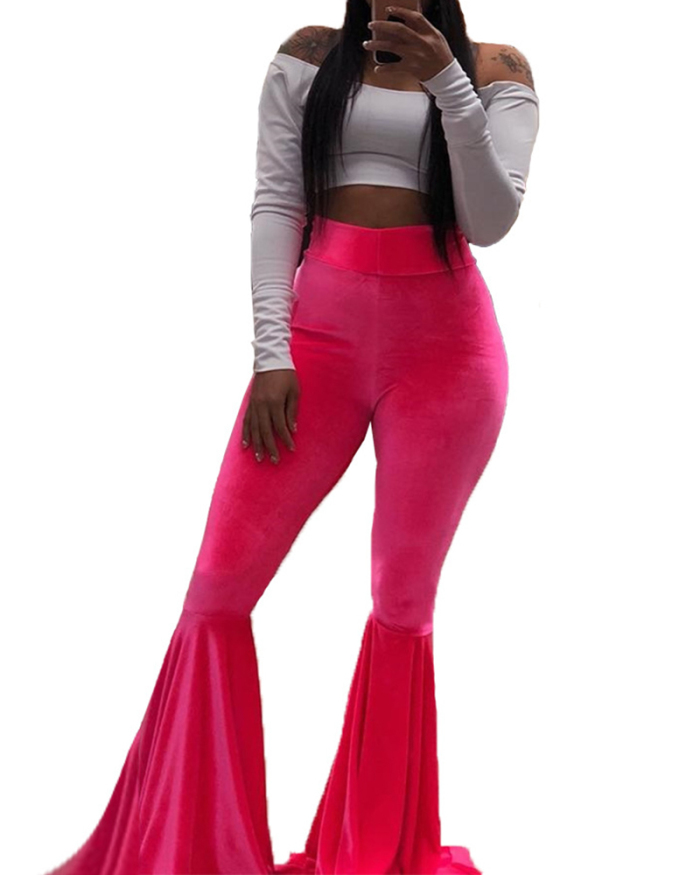 Fashion Solid Color flares Pants Yellow Black Rose Red S-XL