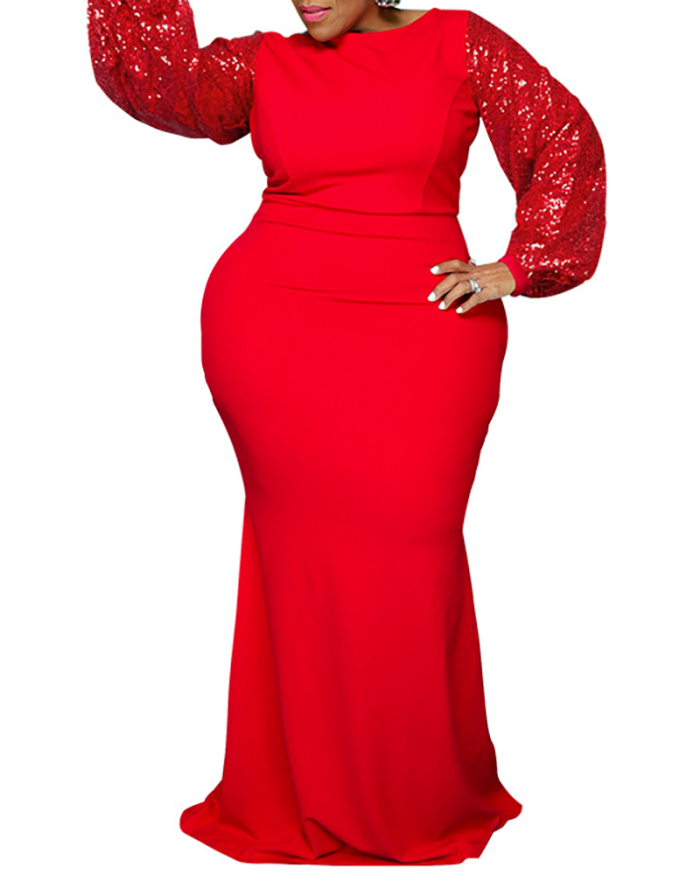 Plus Size O-Neck Long Sleeve Party One Piece Dress Red Black XL -5XL 