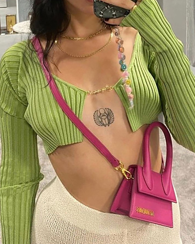 Autumn & Winter New Women's Fashion Cropped Slim Cardigan Long Sleeve Round Neck Knit Sweater