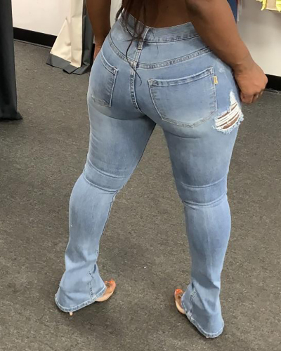 New Winter Women's Fashion Ripped Elastic Split Jeans S-XL