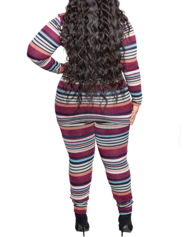 Lady Printing Stripe Long Sleeve Two Piece Set L-4XL 