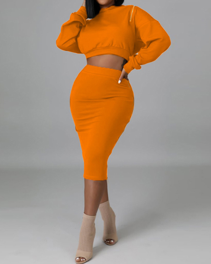 Lady Solid Color High Split Long Sleeve Two Piece Set Orange Gray Black S-XL