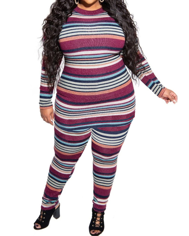 Lady Printing Stripe Long Sleeve Two Piece Set L-4XL 