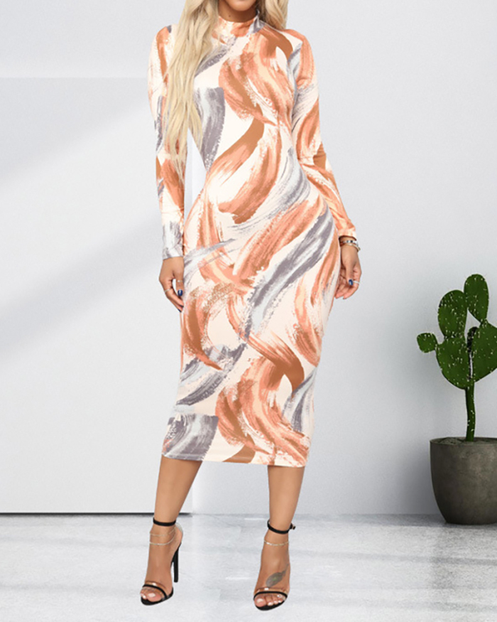 Women Abstract Printed Long Sleeve Mini Plus Size Dresses S-5XL