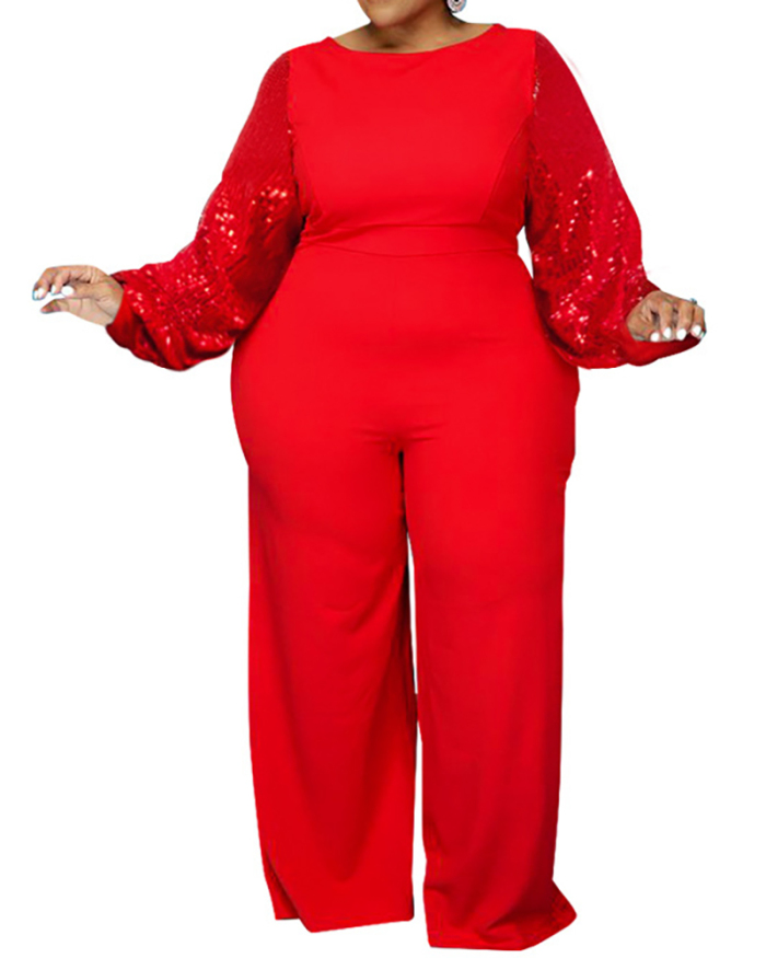 Women O-Neck Long Sleeve Solid Color Jumpsuit Black Red White XL -5XL 