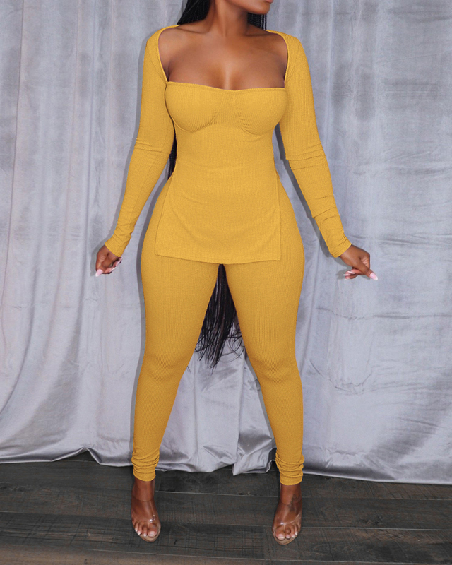 2021 New Women's Fashion Longsleeved High-Slit Blouse Ladies Two-Piece Set S-XXL