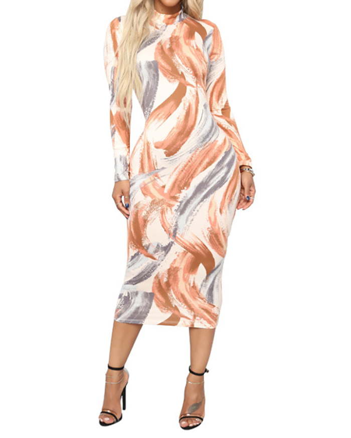 Women Abstract Printed Long Sleeve Mini Plus Size Dresses S-5XL