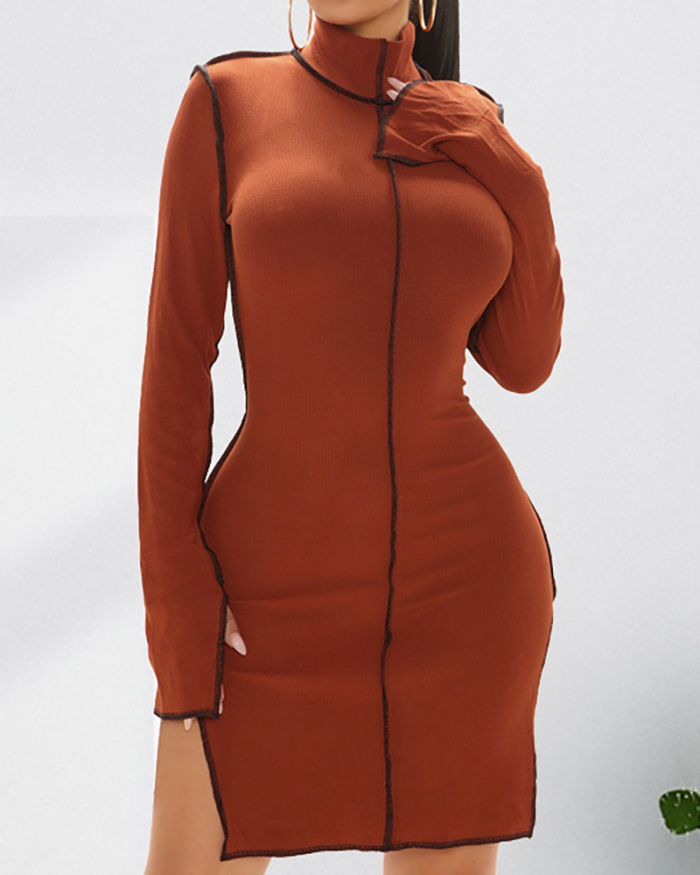 Hot Sale Long Sleeve Turtleneck Slit Patchwork Mini Dress Plus Size Dresses Apricot Orange S-5XL