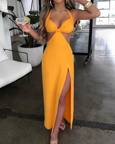Women Solid Color Hollow Out Halter High Split One Piece Dress Yellow S-L 